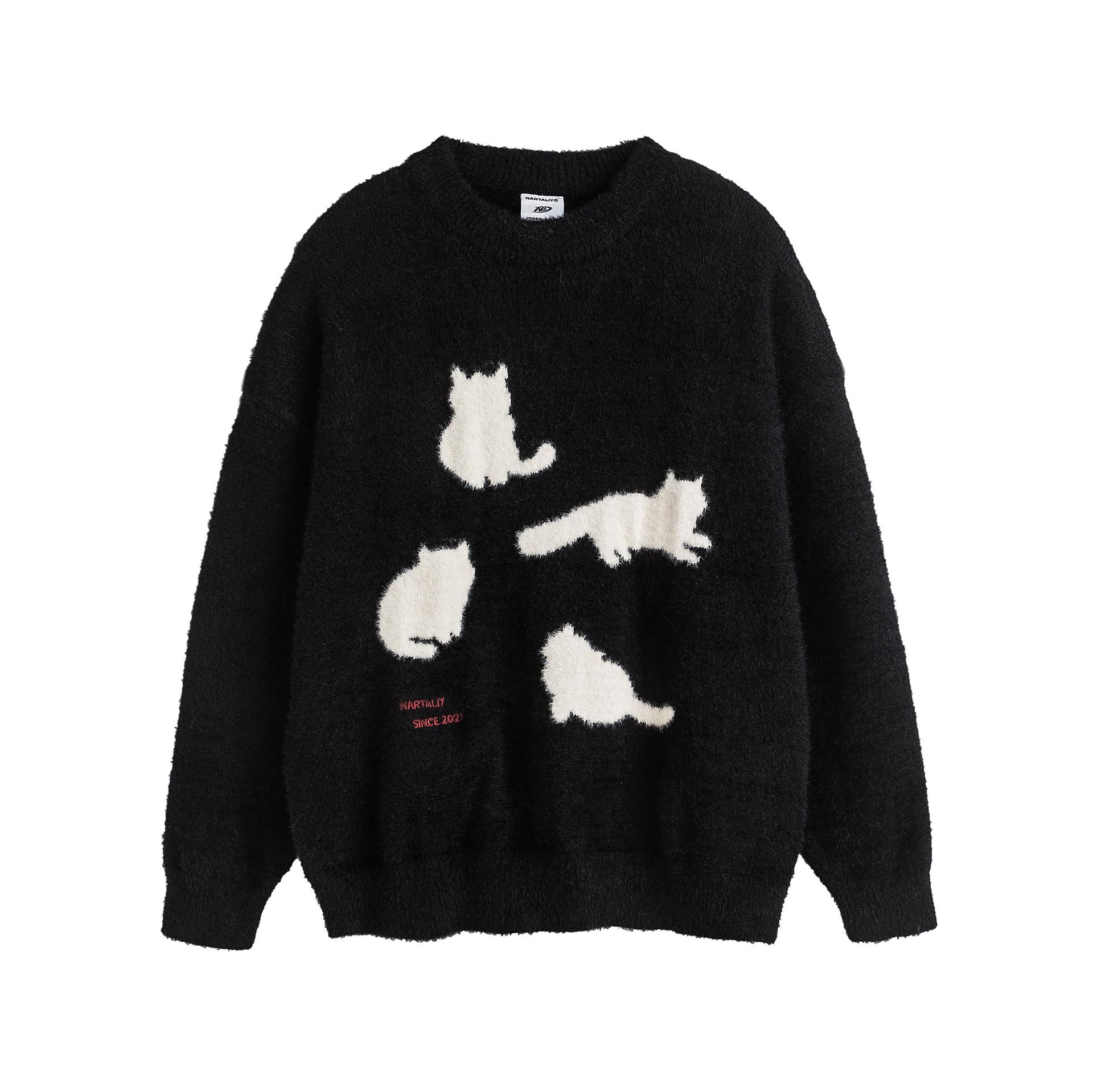 

Женский жаккардовый свитер с круглым вырезом Design Sense - Осенне-зимний повседневный свободный крой с узором кошки XXL чёрный