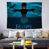 Cartoon Halloween Monster Wall Tapestry Navy Background Ghost Mummy Devil Zombie Pumpkin Grim Reaper RIP Tombstone Bat