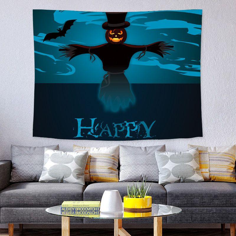 Cartoon Halloween Monster Wall Tapestry Navy Background Ghost Mummy Devil Zombie Pumpkin Grim Reaper RIP Tombstone Bat