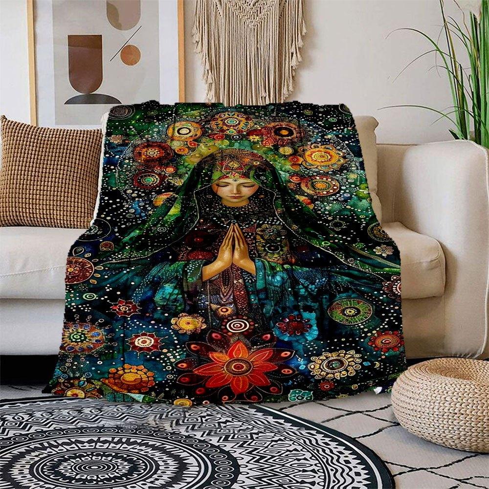 

Colorful Virgin Mary Art Print - Spiritual Wall Decor Blanket Flannel Throw Blanket for Sofa, Bed, Travel, Camping, Office, Couch, Chair, A 150x180cm