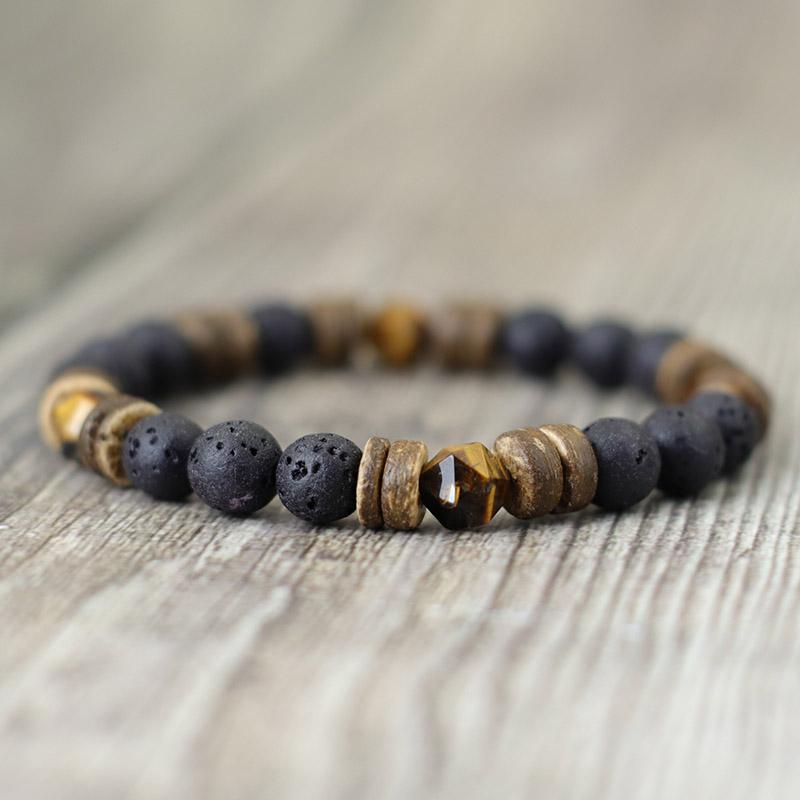 Nieuwe Handgemaakte Natuurlijke Houten Armband Voor Mannen 8mm Tijgeroog Vulkanisch Steen Armband Cadeau Voor Vriend Sanskriet Pulseras Punk Sieraden