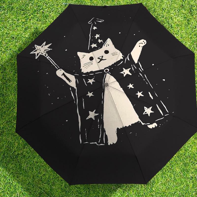 Magic Cat Wizard Umbrella, holding a magic wand. Perfect for outdoor adventures, this automatic opening/closing umbrella