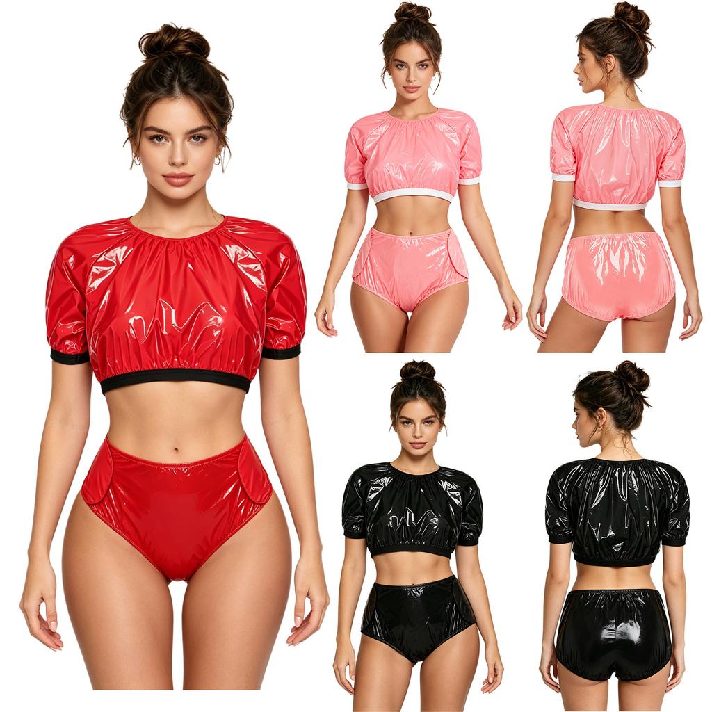 Damen Wasserdicht Vinyl Crop Top Kurzarm Klettverschluss Seiten Windelüberzug Shorts Anpassbares Badeanzug Set