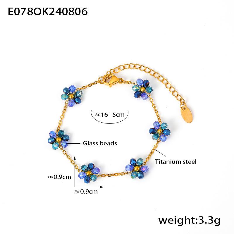 Bohemian Beaded Jewelry Set: Necklace, Bracelet & Anklet with Flower Glass Beads & Titanium Steel Chain
