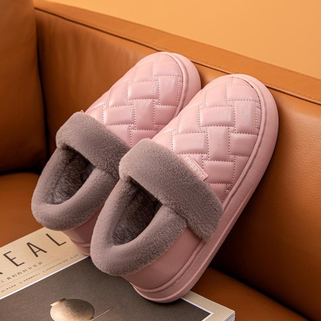 Women's & Men's Waterproof Leather Cotton Slippers for Autumn/Winter 2025 - Indoor/Outdoor, Non-Slip, Heel-Covering Design.