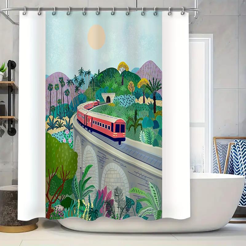 

Tropical Train Shower Curtain Nature Landscape Scenic Botanical Forest Fern Greenery Lush Jungle Home Decor Bathroom Set Vintage W60H190(CM)-1 Pcs