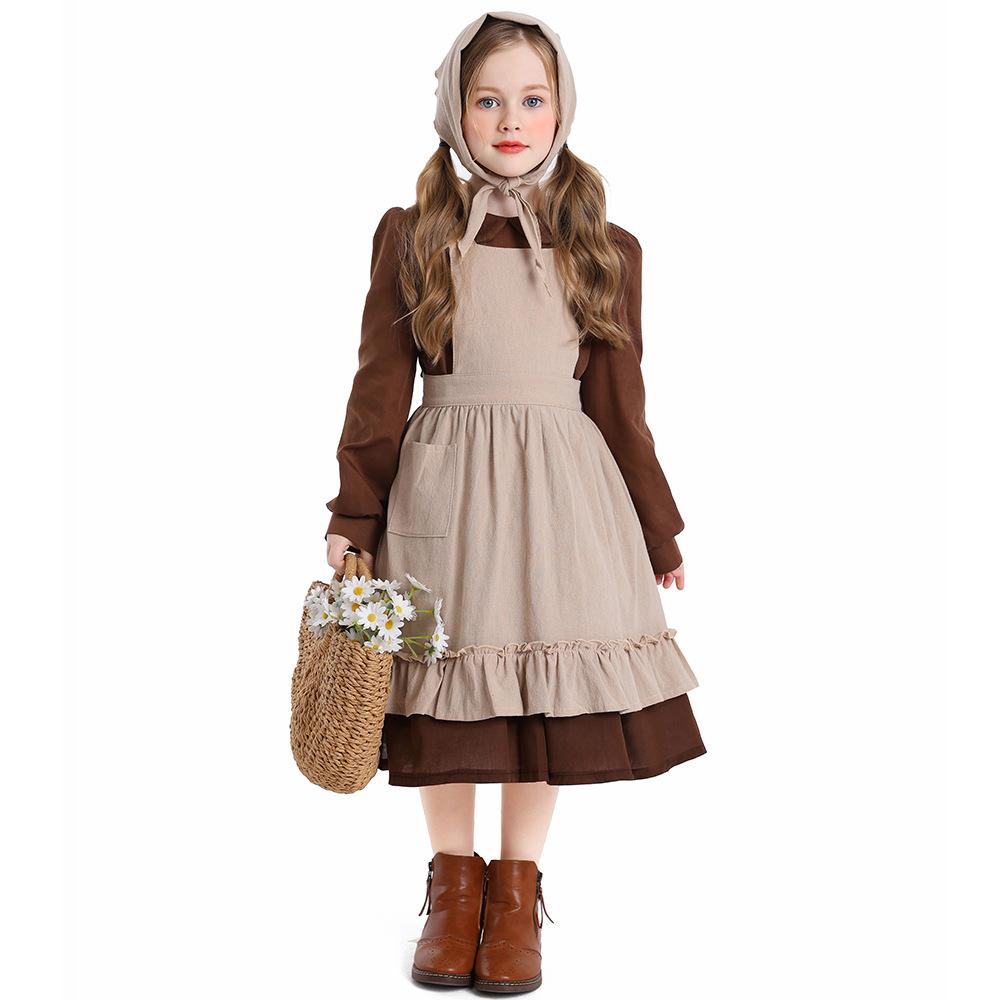 Kids Girls Children's Day Poor Maid Dress Apron Sets Cosplay Costume Stage Performance Pastoral Farm Frence Lolita Dress Up Halloween Outfit