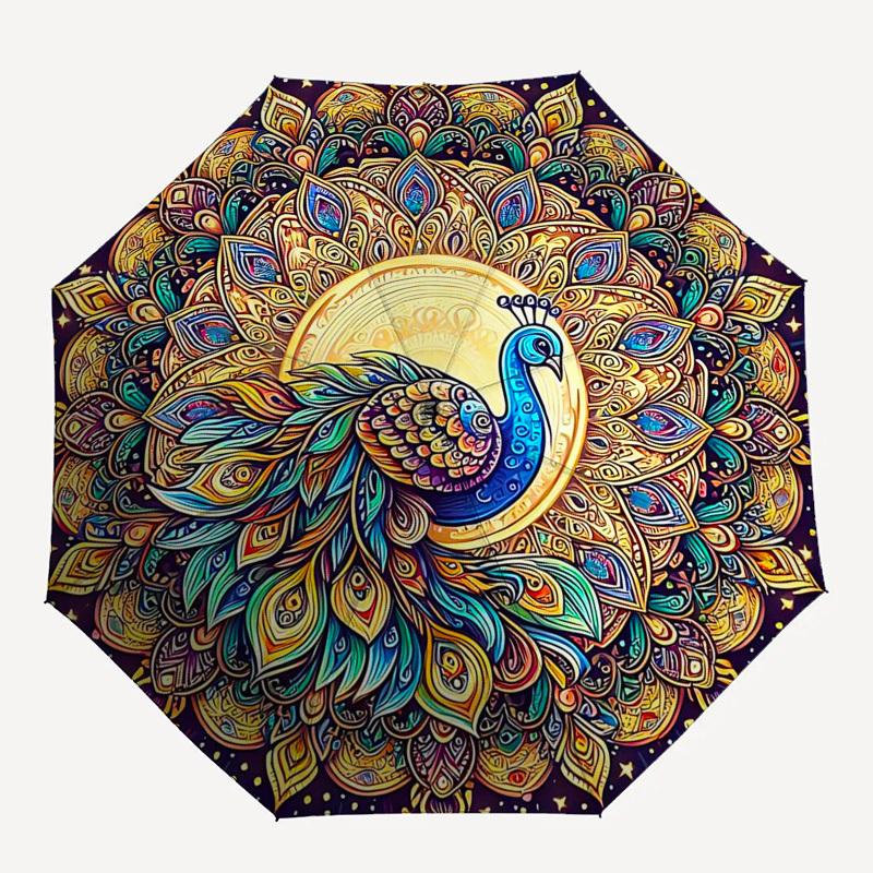 1pc Mandala Peacock Design Automatic Folding Umbrella - Portable 3-Fold Design, 8-Bone Iron Frame Outdoor Umbrella, Festival Gift for Fans, Travelers,