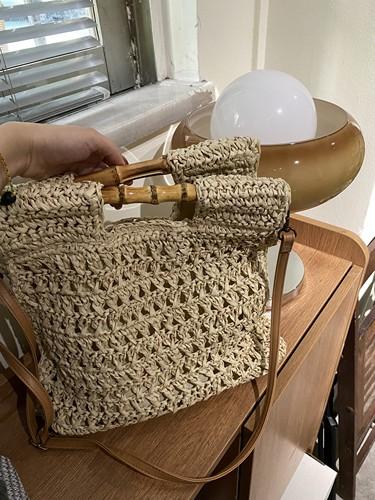 Bambusgriff Stroh Handtasche Handgefertigt Gewebte Strandtaschen für Damen Papierseil Stricken Rattan Tasche Quadratische Schultertasche Umhängetasche