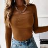 Autumn Women T-shirt Hollow Out Solid Black White Long Sleeve Knitted Tee Tops Casual Slim O Neck Fashion Cut Out  Top Sexy Stretch Tshirt  Streetwear