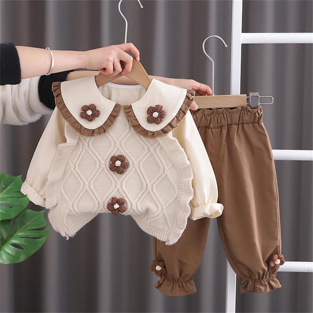 2024 3Pcs Spring Baby Girls Clothing Sets Children Knitted Vest Lace Shirt Pants  Suit Infant Floral Princess Clothes Kids Outfits