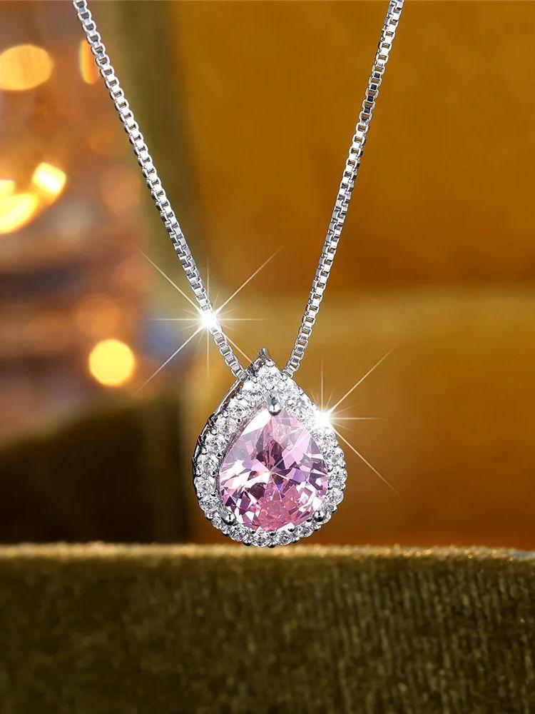 

Female Crystal Pink Zircon Stone Water Drop Pendant Necklace Vintage Silver Color Wedding Jewelry For Women