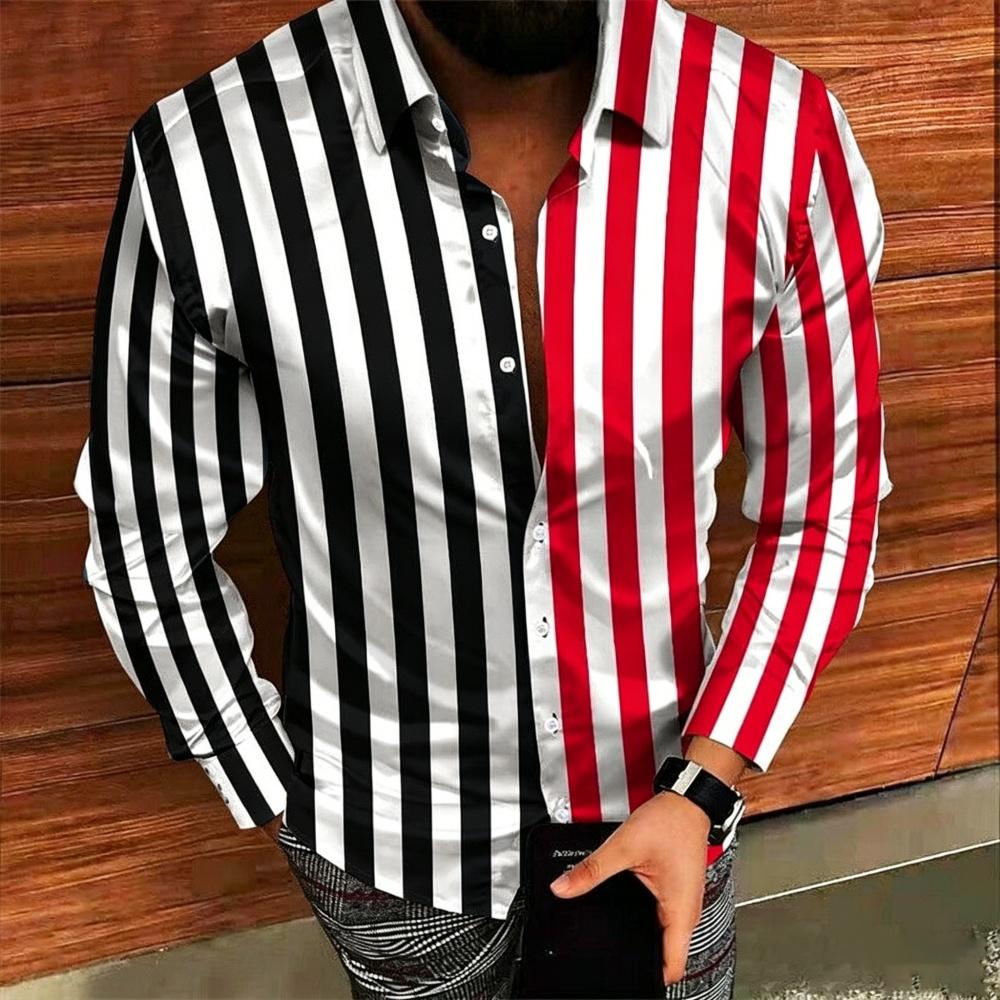 Men's Striped Long Sleeved Shirt 3D Digital Print Lapel Button up High-Quality Business Casual Clothing for Men