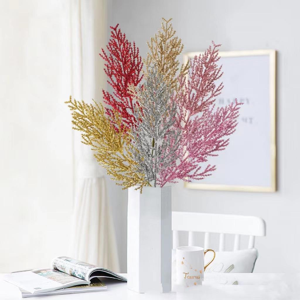 6pcs Christmas Artificial Pine Leaves Branches Gold Simulated Plants Glitter Garland Xmas Tree Ornament New Year Home Decoration