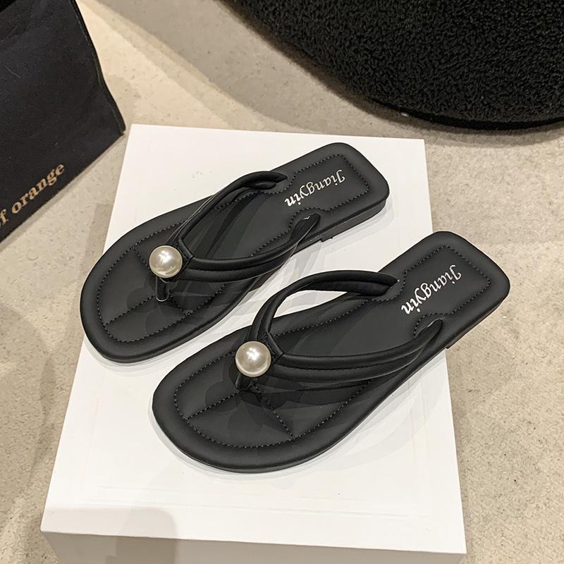 

Pearl clip-on flip-flops women s summer wear flat-bottomed soft-soled tourism seaside beach slippers 2025 new sandals 40 чорний