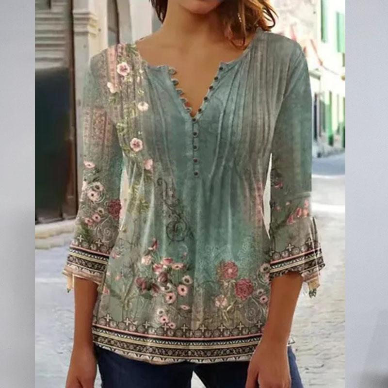 Spring Summer Women T-shirt Fashion Floral Print V-Neck 3/4 Sleeves Pleated Button Down Tee Tops