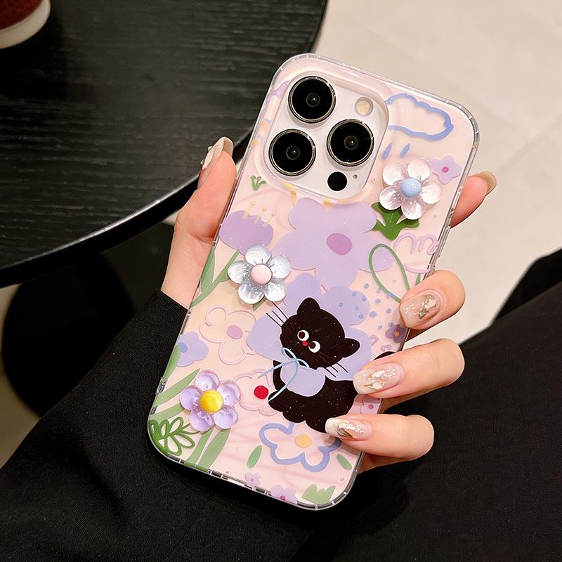 3D Dopamine Flower Cat iPhone Case for 16 Pro/17 Pro Max - Drop-Proof, Soft Cover