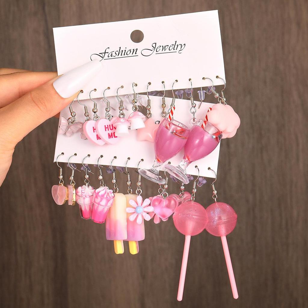 New Fashion Cute Cartoon Pink Earring Set Colorful Dopamine Acrylic Earrings for Women Girls New Trendy Jewelry Accessories Gift