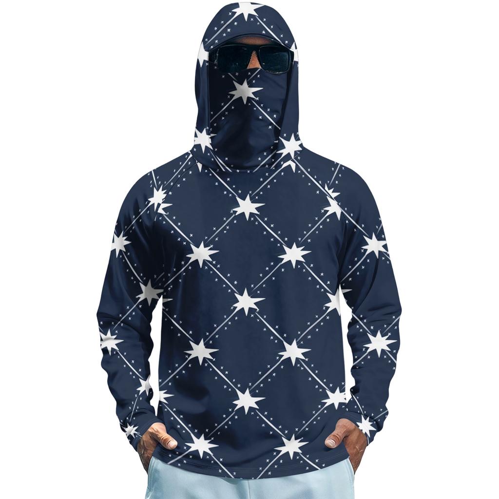 Men's Long Sleeve Quick Dry Hoodie Shirt with Flag Print Lightweight UV Protection Fishing Fitness Sports Top for Outdoor Activities