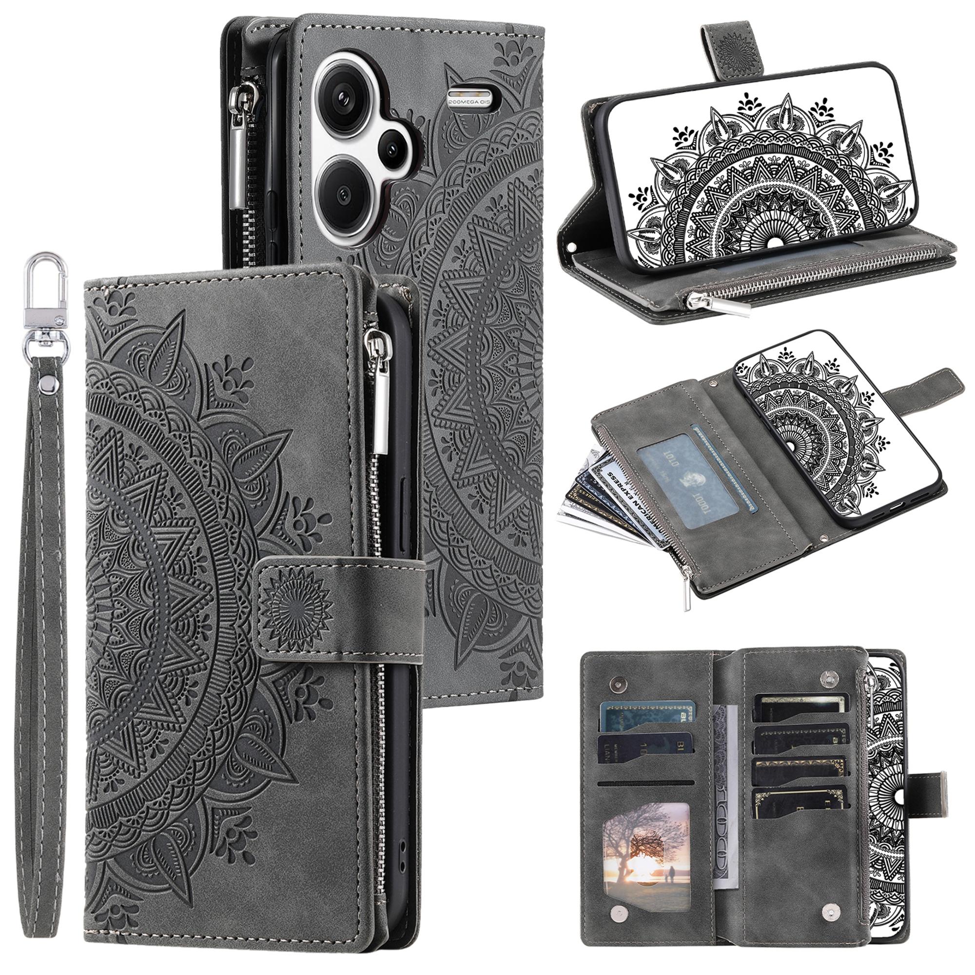 

For Xiaomi Redmi Note 13 Pro+ 5G Leather Case Mandala Pattern Wallet Phone Cover Grey