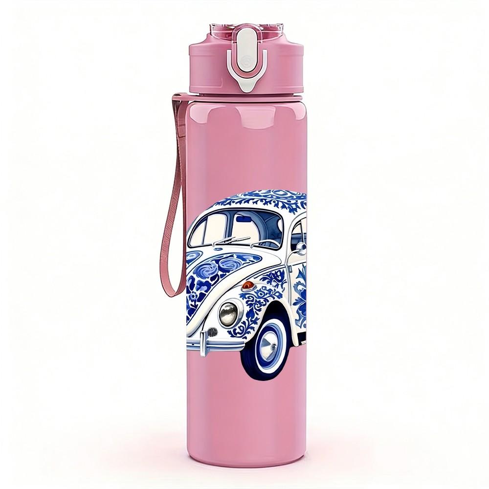 1PC Vintage Blue Beetle Car Retro Pattern 750ml Color Plastic Sports Water Bottle Leakproof Flip Straw Lid Suitable for Sports Office Home Use