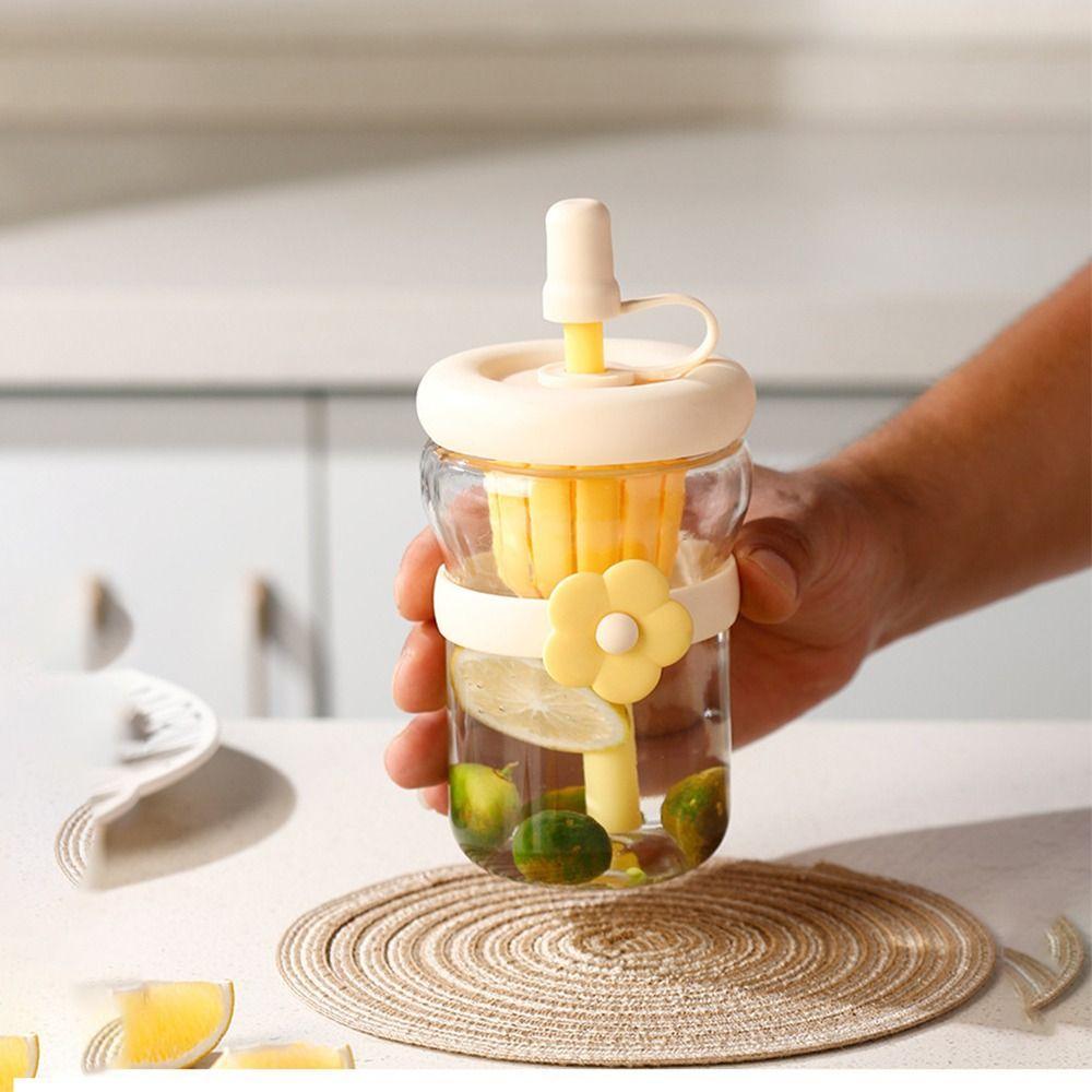Flower Patch Straw Cup Portable Water Bottle Cartoon Glass Water Cup  for Boys and Girls