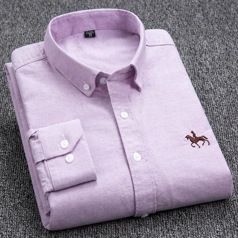 Men's Spring and Autumn Plus Size Lapel Long Sleeve Oxford Spinning Button Embroidery Shirt