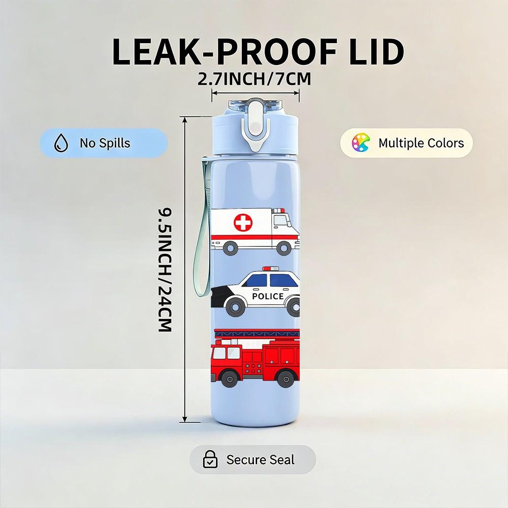 1PC Fire Truck Emergency Vehicle Set Print 750ml Color Plastic Sports Water Bottle Leakproof Flip Straw Lid Suitable for Sports Office Home Use