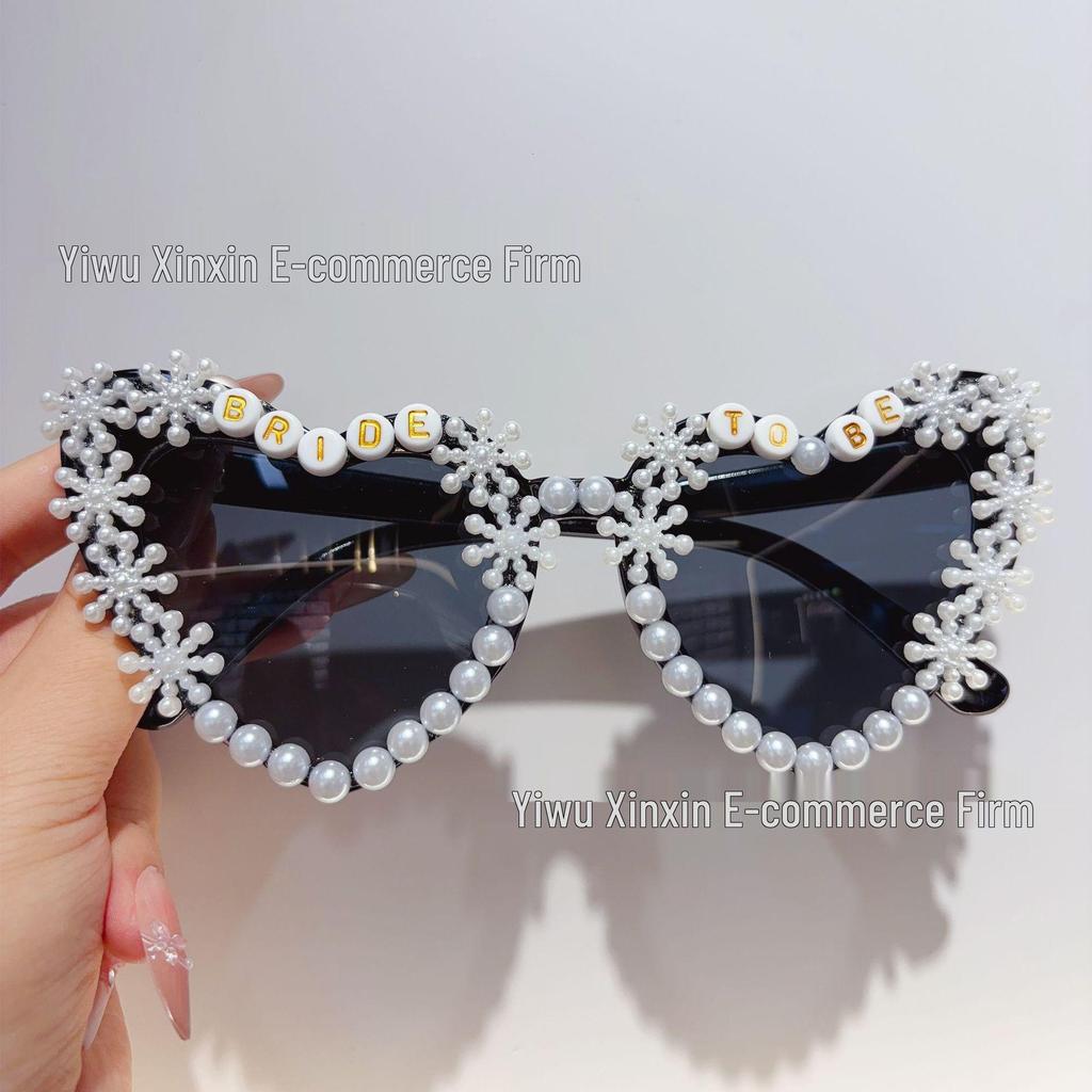 Crystal Heart Bride Sunglasses with Rhinestones & Pearls - Women's Bachelorette Party Accessory