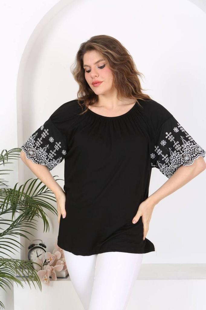Damen Bluse in Übergröße Plus Size Bluse mit bestickten Ärmeln Schwarz