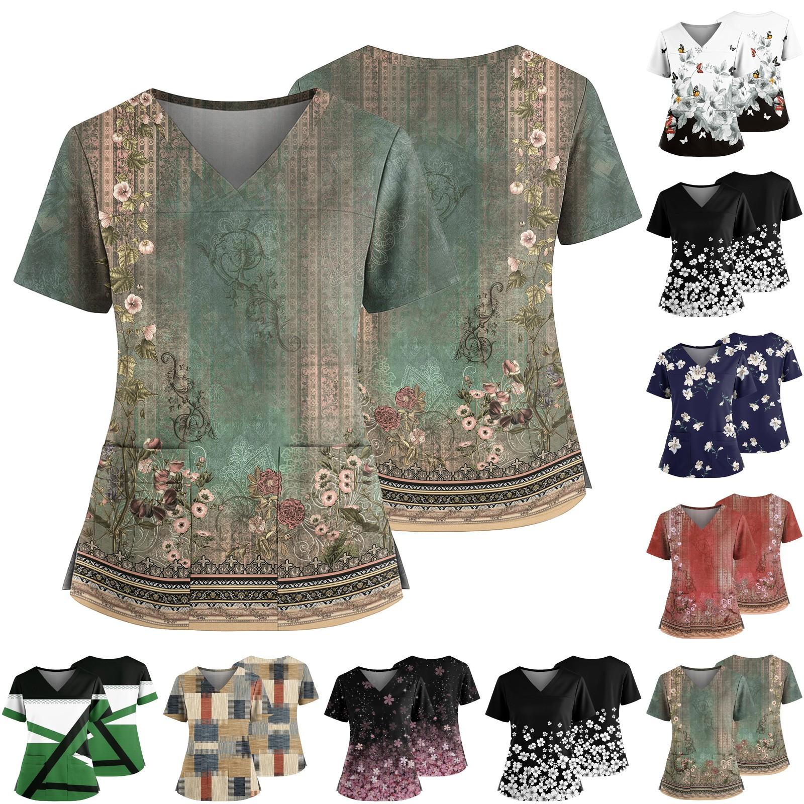 

Women s Casual Printed V-Neck Pocket Side Slit Short Sleeved Top Short Sleeved Top XL білий