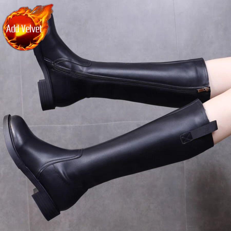 Fashion Black Middle Heel Round Toe Knee High Shaft Shoes Woman Autumn Winter Designer Luxury New in Warm Leather Long Boots for Women