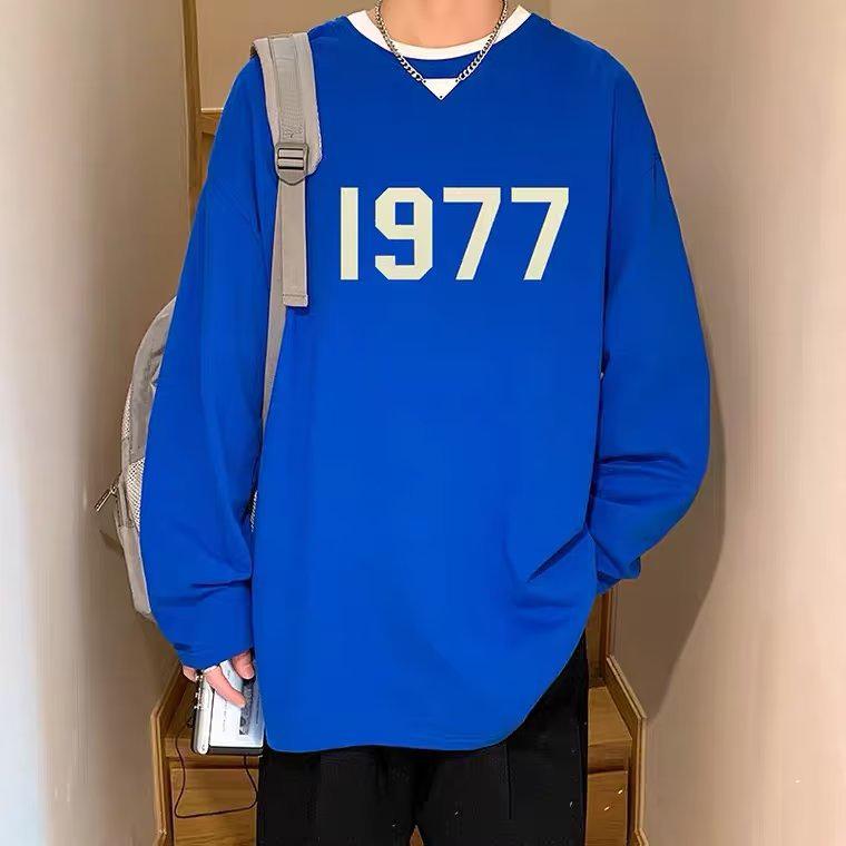 

2024 Мужская японская ретро-футболка с длинным рукавом 1977 года: High Street Vibe, свитер с приспущенными плечами на весну/осень 3XL синий