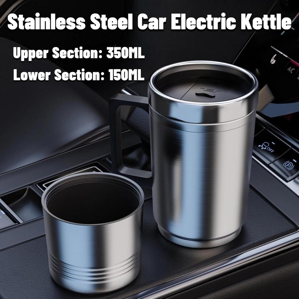 Acouto 12V Car Kettle 350Ml+150ML Stainless Steel Car Electric Heating Kettle Coffee Tea Travel Water Heating Cup