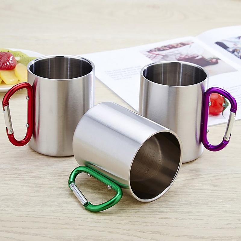 220Ml Camping Travel Stainless Steel Cup Carabiner Hook Handle Picnic Water Mug Outdoor Travel Hike Cup