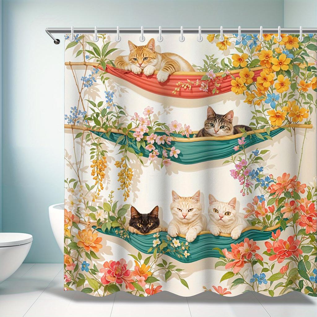 Winter Cat Hammocks & Flower Racks Shower Curtain - Cute Cartoon Animal Design, Perfect for Adorable Bathroom Decor