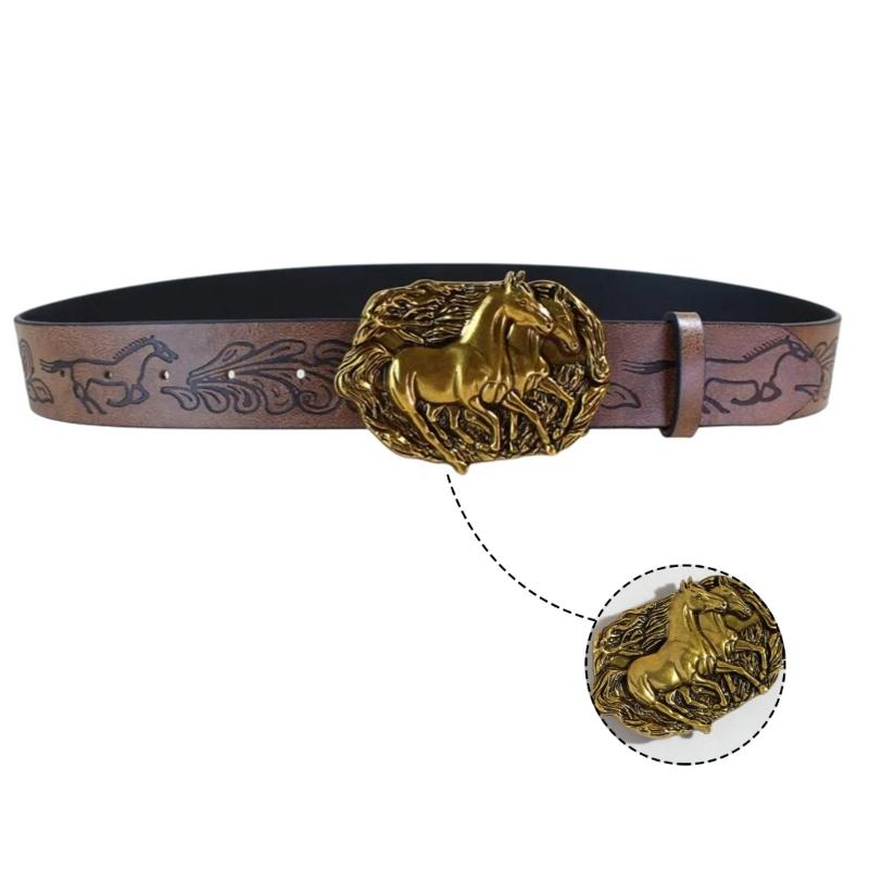 Waist Belt Punk Chain for Cowboy Cowgirl Carved Horse Buckle Retro Floral Buckle Waist Chain Belt