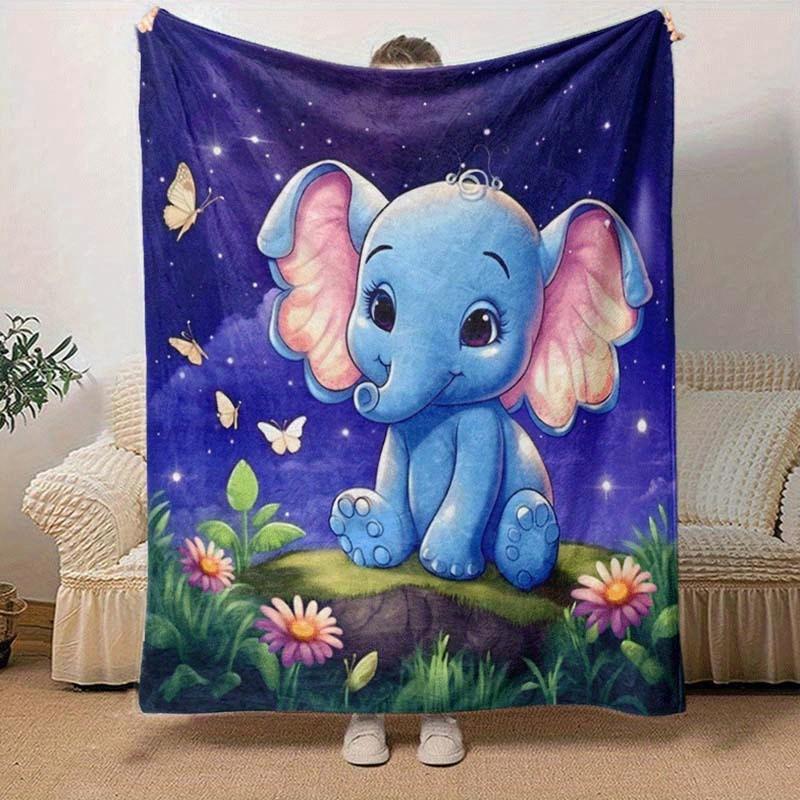 1pc Cartoon Elephant Printing Lightweight Flannel Blanket, Comfortable and Warm Blanket, for Camping Sofa Bed and Couch Office, in All Seasons