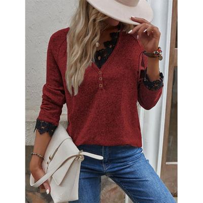 Autumn Winter Long Sleeve Women's Clothing Lace Patchwork V Neck Buttons Knitted T-shirt