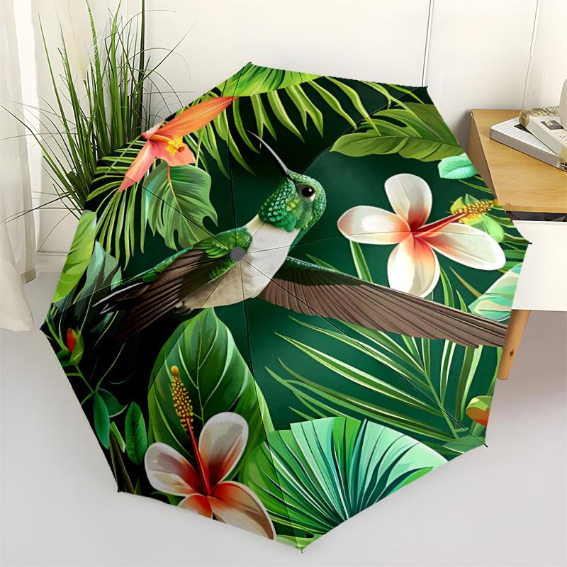 1pc Hummingbird Tropical Automatic Open/close, Heavy-Duty Iron Frame & 8-Rib Structure, Compact Folding Umbrella for Women/Men, All-Season Travel, Hal