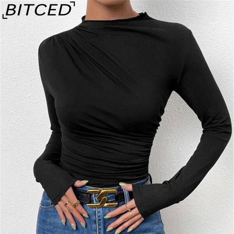 BITCED Solid-colour Fitted Base Layer Top Versatile Pleated Detailing Long-sleeved T-shirt Women's Blouse