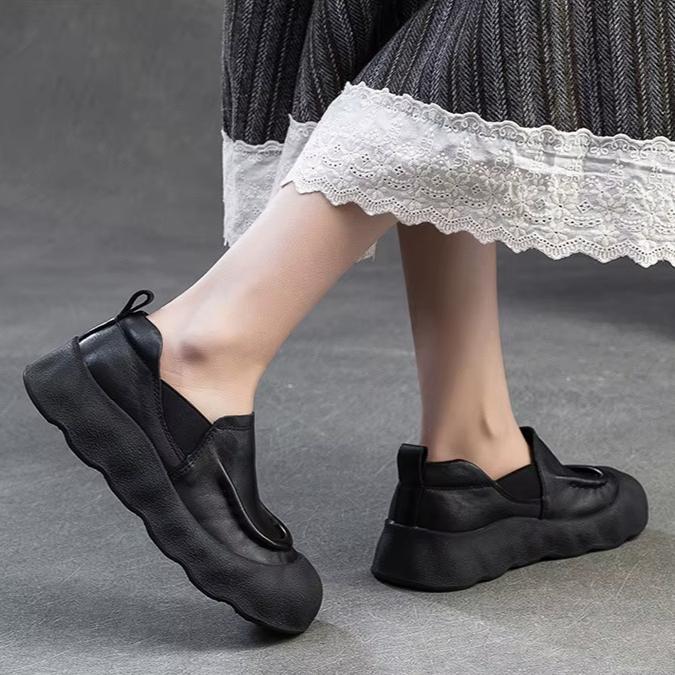 Johnature Genuine Leather Loafers Retro Round Toe Thick Soled Versatile Slip-on Women's Flat Shoes