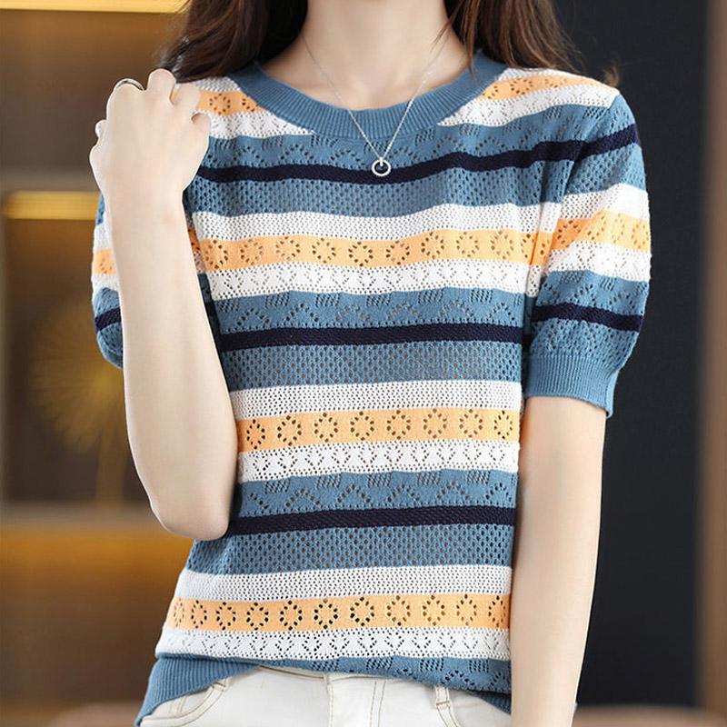 Women Sweaters Pullovers 2025 Summer Short Sleeve O-Neck Striped Knitted Sweater Women Tops Pullover JJ318