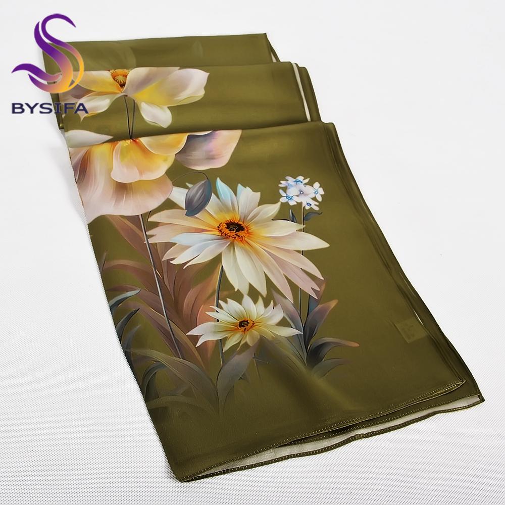 BYSIFA|Army Green Silk Scarf Hijab Winter Elegant Flower Long Scarves Shawls Spring Fall Fashion Brand Head Neck Scarves Wraps