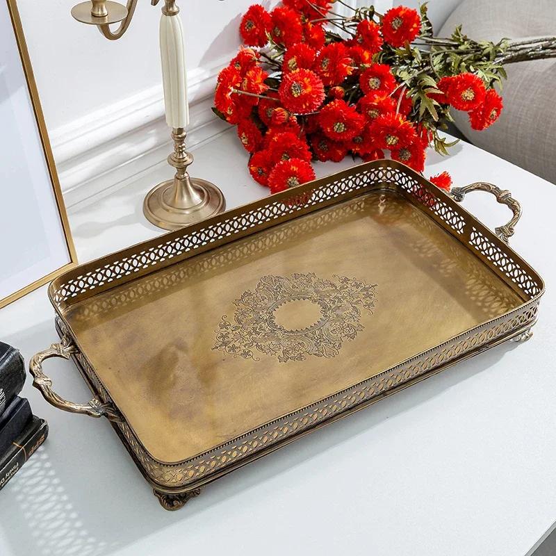 Large Fruit Dish Antique Tea Tray Brass Jewelry Display Plate with Handle Cosmetic Holder