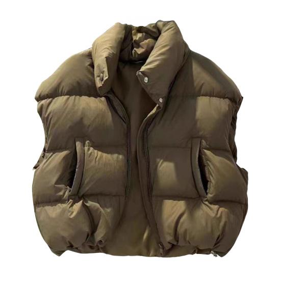 Women Down Vest Stand Collar Sleeveless Zipper Closure Winter Waistcoat with Pockets Solid Color Casual Loose Fit Short Jacket
