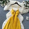 French Yellow Suspender Pure Desire Backless Dress Women's Summer Waist Ruffle Edge Thin Holiday Dress