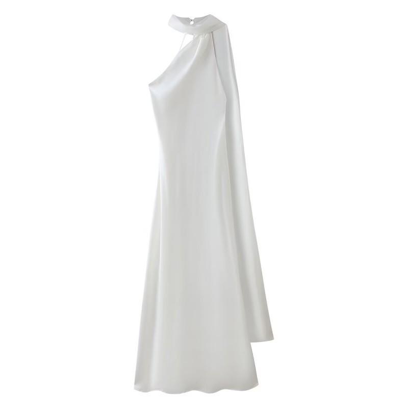 

European American Women s Clothing Fashionable Temperament Silk Satin Slanted Shoulder Streamer Long Dress M белый