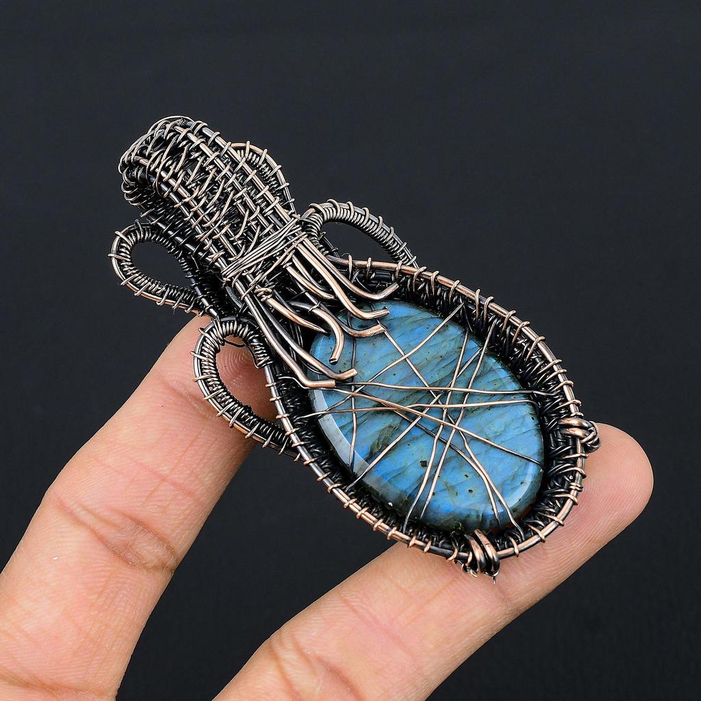 Labradorite Pendant, Handmade Gemstone 999 Copper Wire Wrapped Pendant Antique Jewelry, For Gift Silver Jewelry