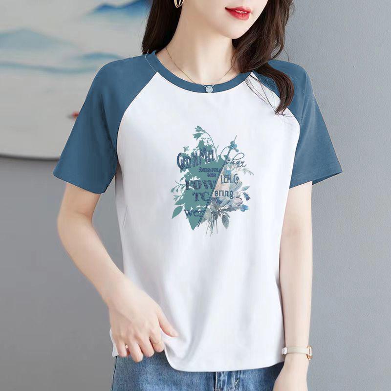 

Women s Summer 2025 Korean Style Raglan Top: Pure Cotton Color Block Short Sleeve T-Shirt XL [Recommended for 125-135 jin]
